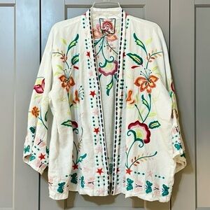 Johnny Was Averi Kimono Jacket 100% Linen Heavily Embroidered White Womens Large
